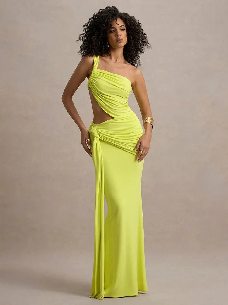 Draped Irregular Strap Cut Out Ruched Maxi Dress