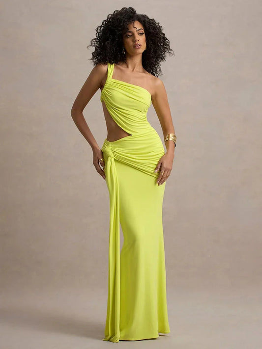 Draped Irregular Strap Cut Out Ruched Maxi Dress