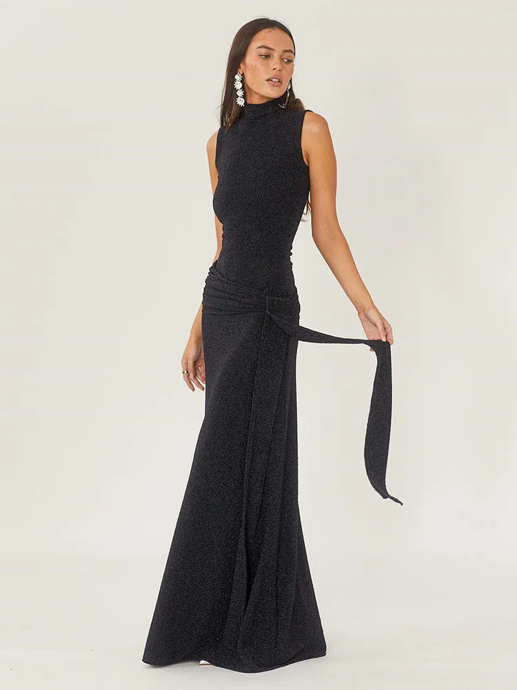 Shiny High-Neck Sleeveless Wrap Maxi Dress