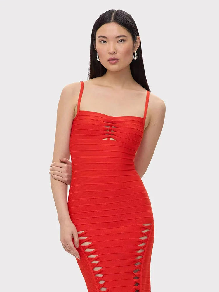 Red Spaghetti Strap Cut Out Bandage Maxi Dress