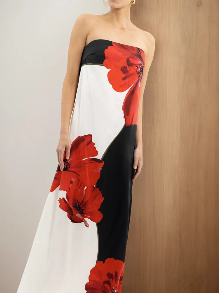 Strapless Flower Print Maxi Dress