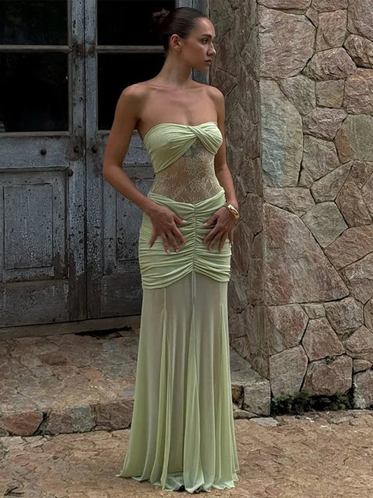Green Lace Pleated Tube Long Dress