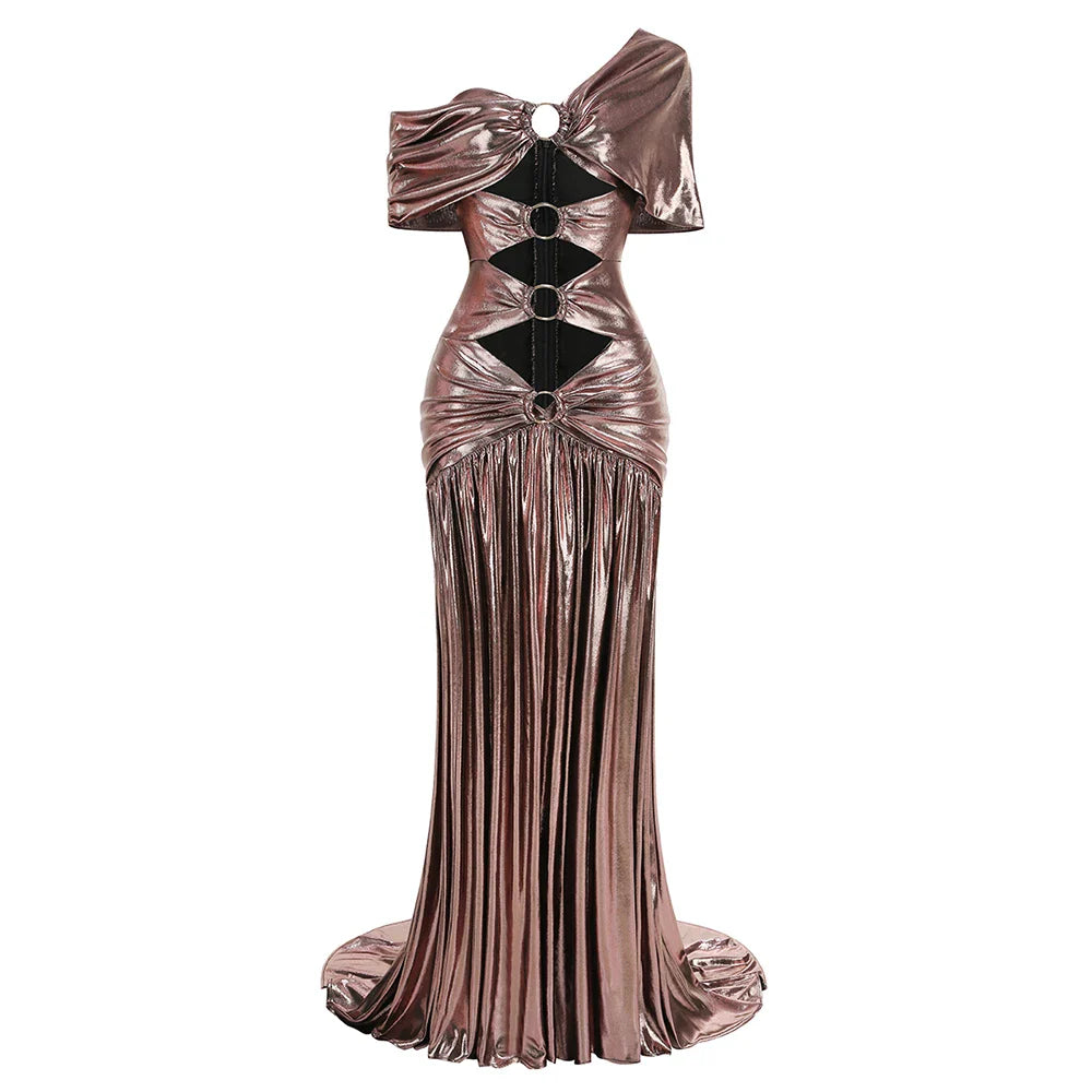 Brown Sequin Ring Cut Out Short Sleeve Drape Maxi Dress