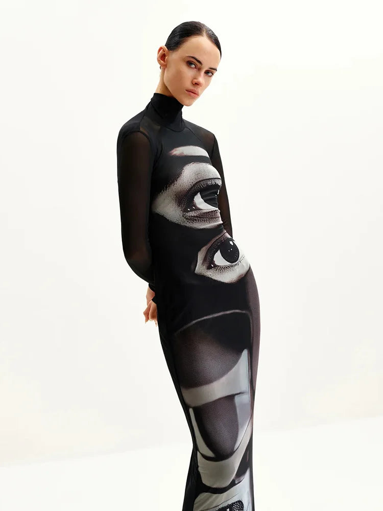 Printed Turtleneck Sheath Maxi Dress with Full Sleeves