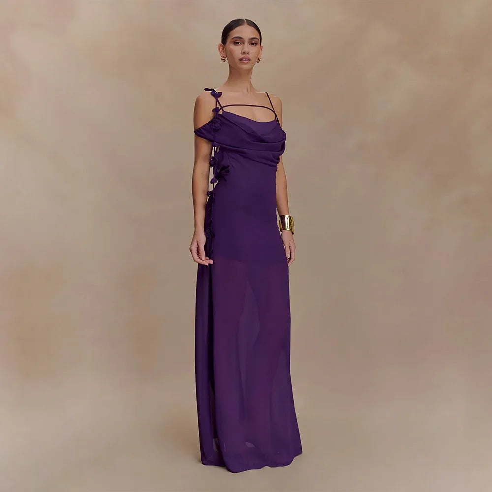 Solid Cowl Neck Chiffon Gown | Backless Tie-Flower Slip Dress