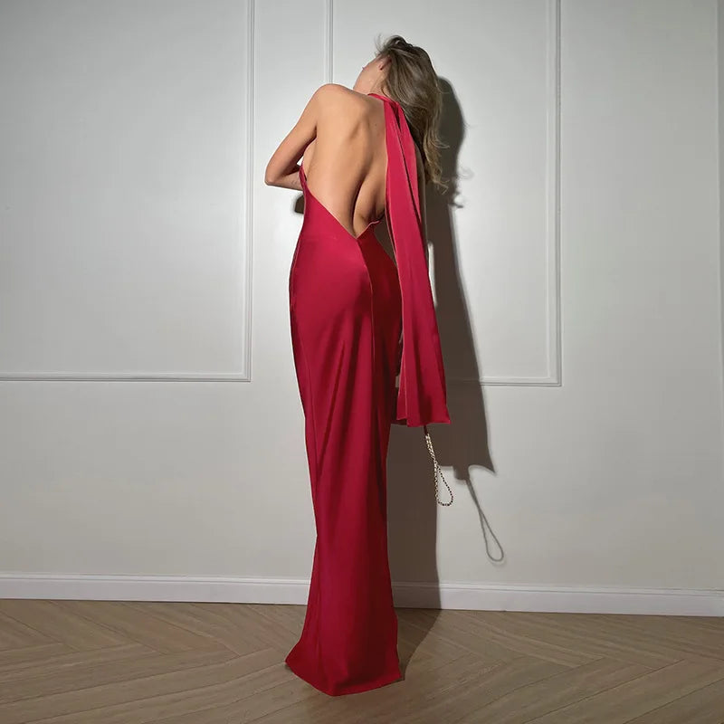 Red Satin Halter Maxi Dress – Backless Ribbon-Tie Evening Gown for Women