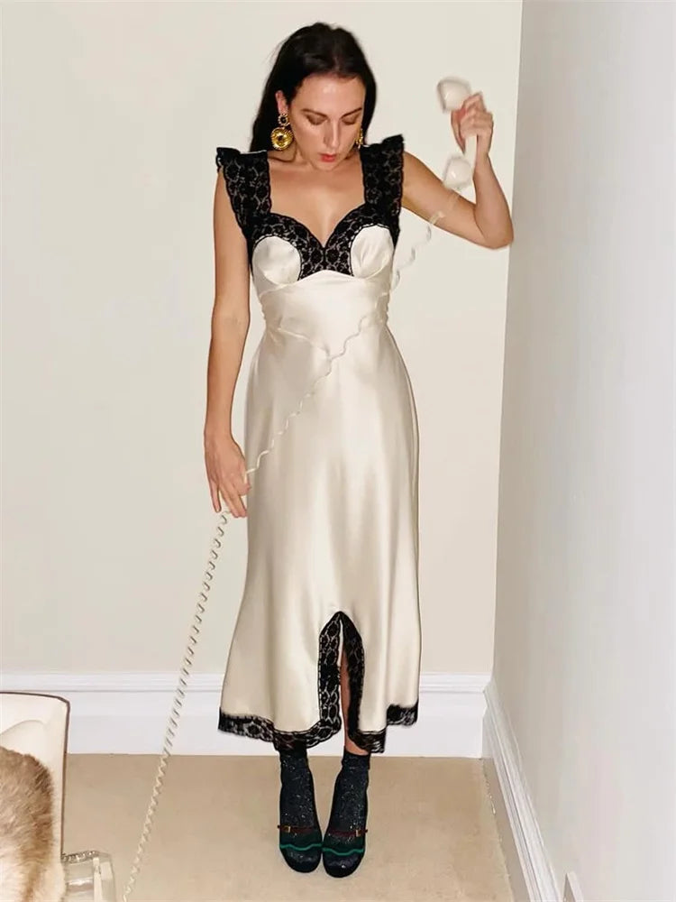 Patchwork Satin Lace Maxi Dress – Elegant V-Neck Evening Gown