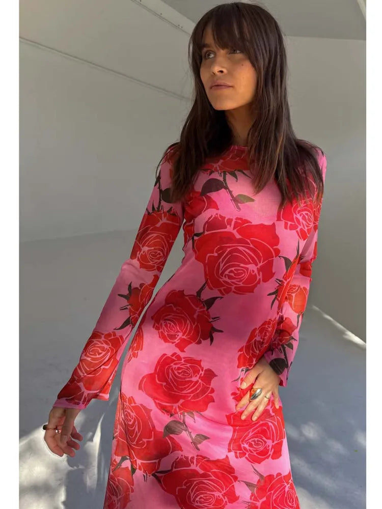 Poppy Floral Long-Sleeve Maxi Dress, Blue, Red