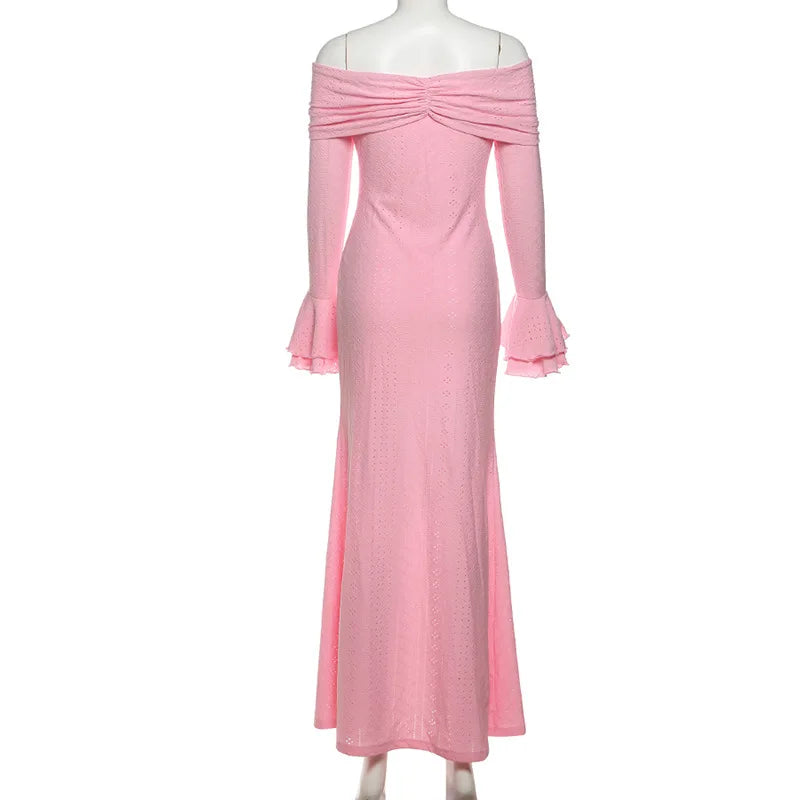 Pink Off-Shoulder Lace Dress | Bell Sleeve Formal Dress