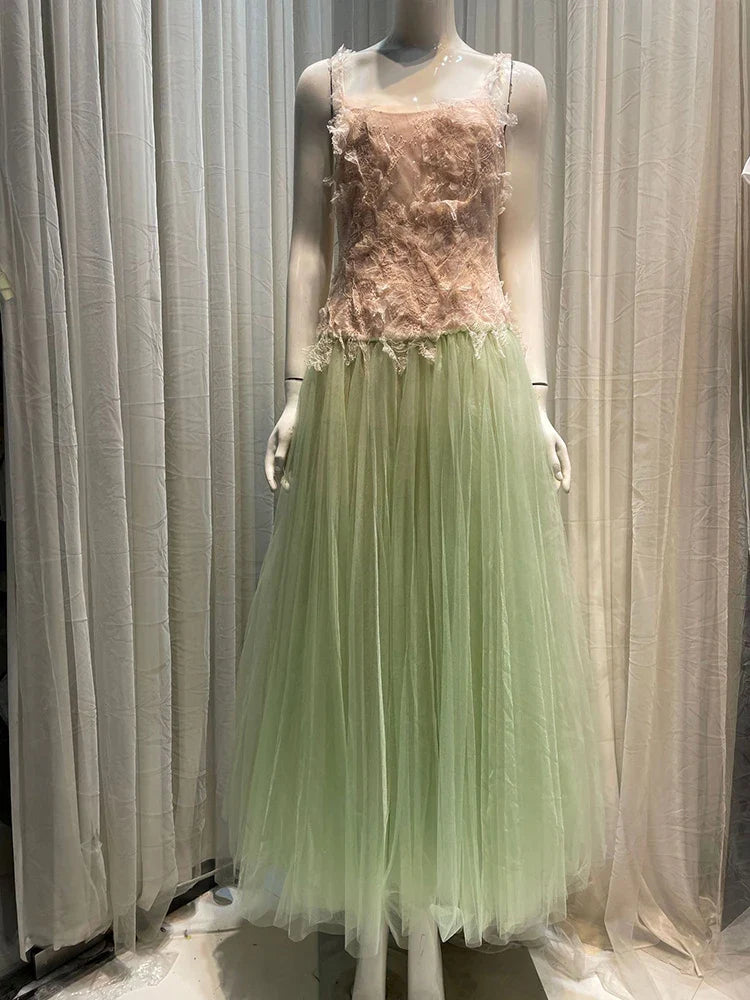Textured Tulle Green Gradient Flare Maxi Dress