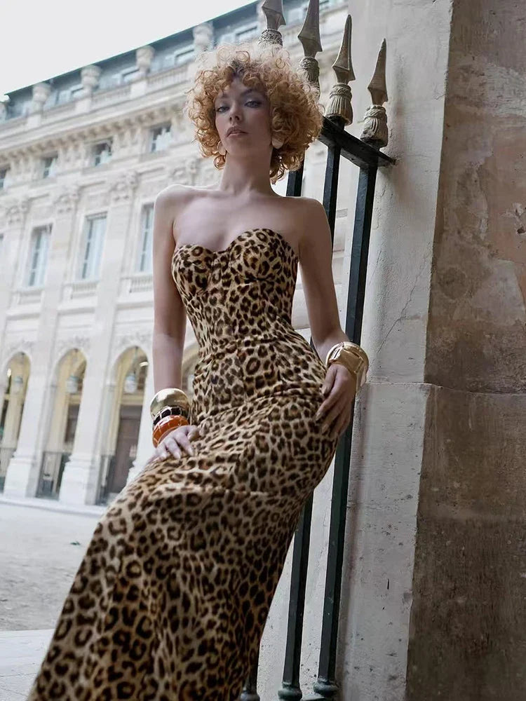 Satin Leopard Print Strapless Maxi Dress