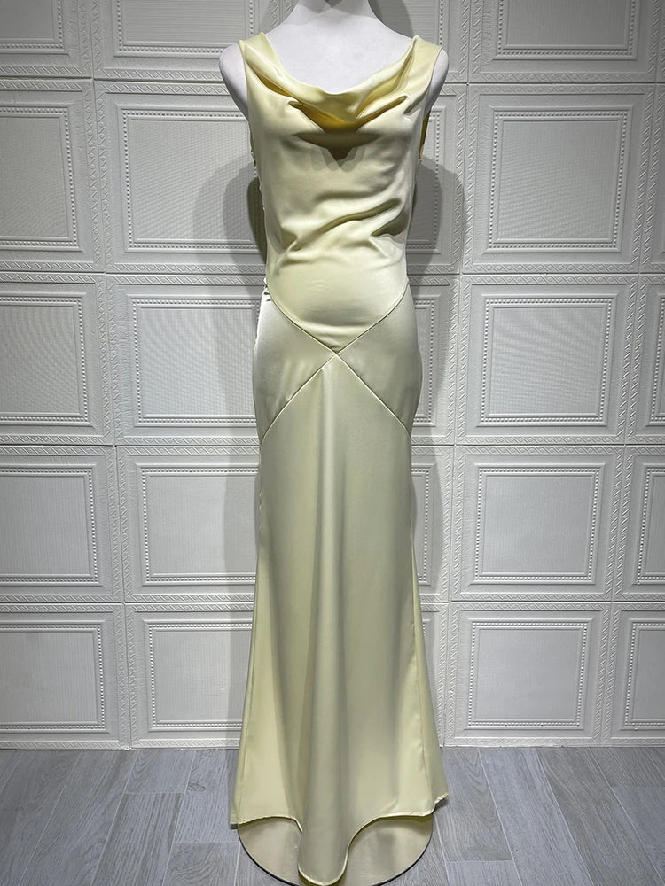 Light Yellow Cowl Neck Gown | Pleated Sleeveless Evening Dress