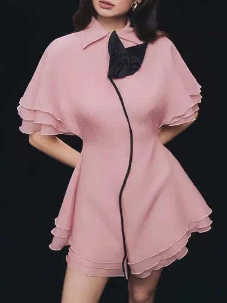Lapel Bow Ruffle Mini Dress | Flutter Sleeve A-Line