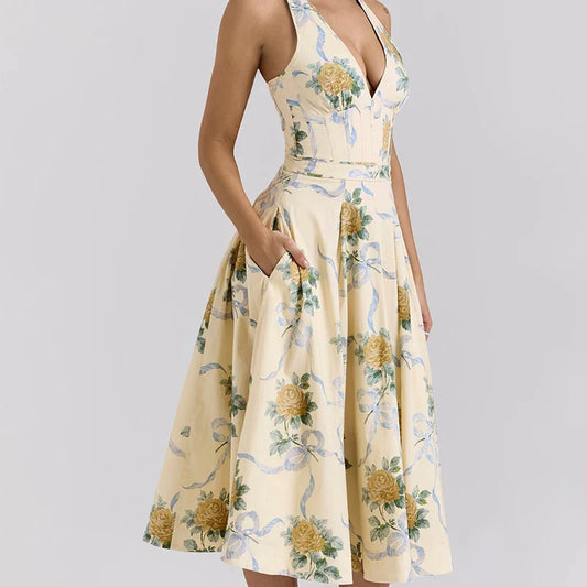 Floral Halter Midi Dress – Deep V Neck Backless Summer A-Line Sundress