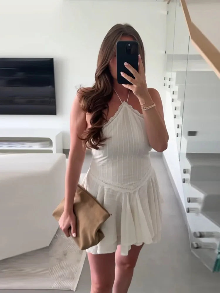 White Halter Pleated Mini Dress