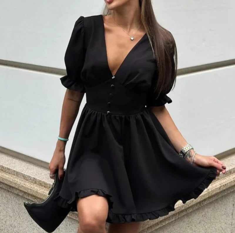 Elegant Black Puff Sleeve Mini Dress – Empire Waist Casual Fit
