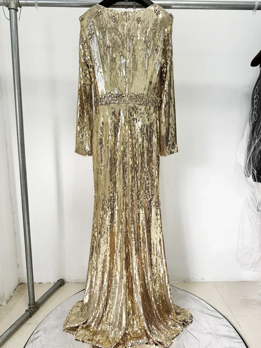 Gold & Black Sequin Gown | Elegant Long Sleeve Evening Dress