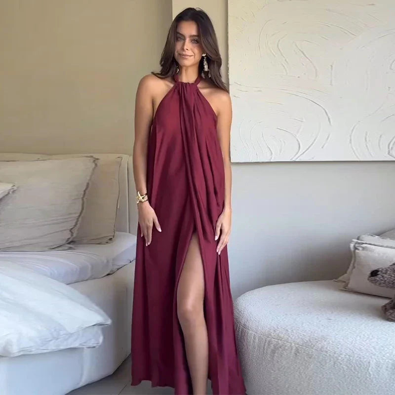 Elegant Halter Pleated Holiday Dress – Backless Lace-Up Slit Beach Gown