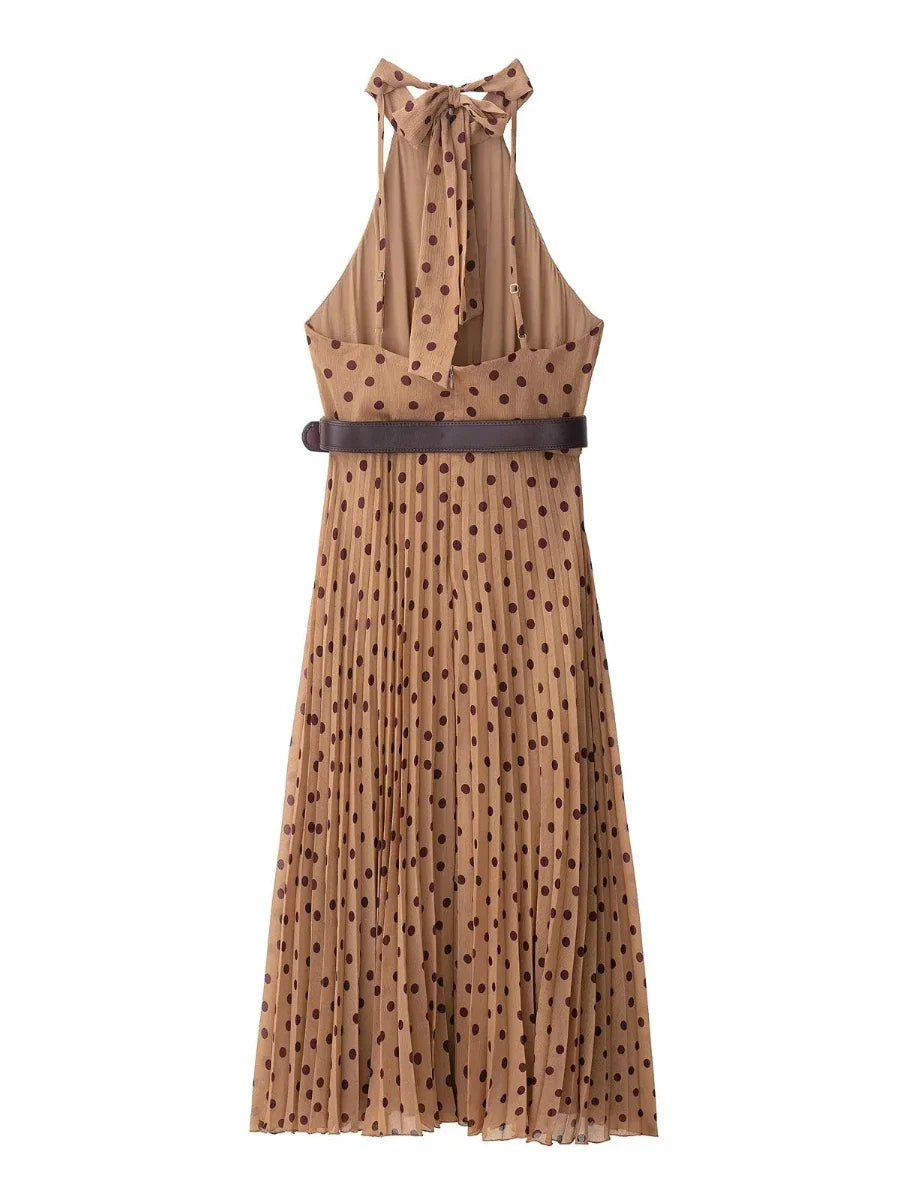 Brown Polka Dot Pleated Halter Dress | Belted Autumn Midi