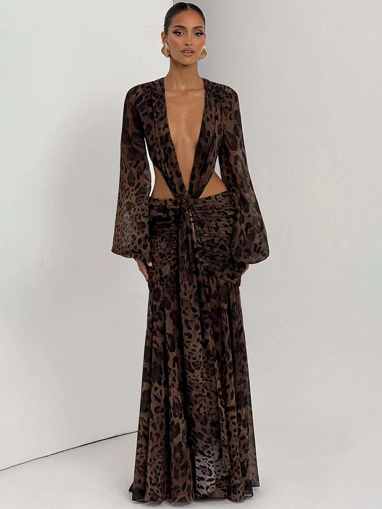 Woman wearing a leopard print outfit on a white background