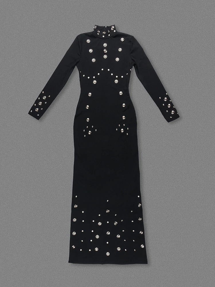 Turtleneck Metal Rivet Design Long Dress