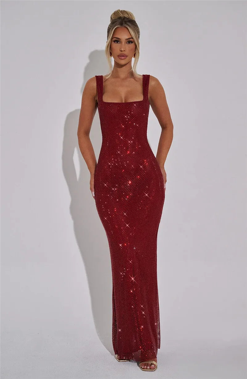Sparkle Sequin Backless Maxi Dress – Sleeveless Club Gown with Square Neck