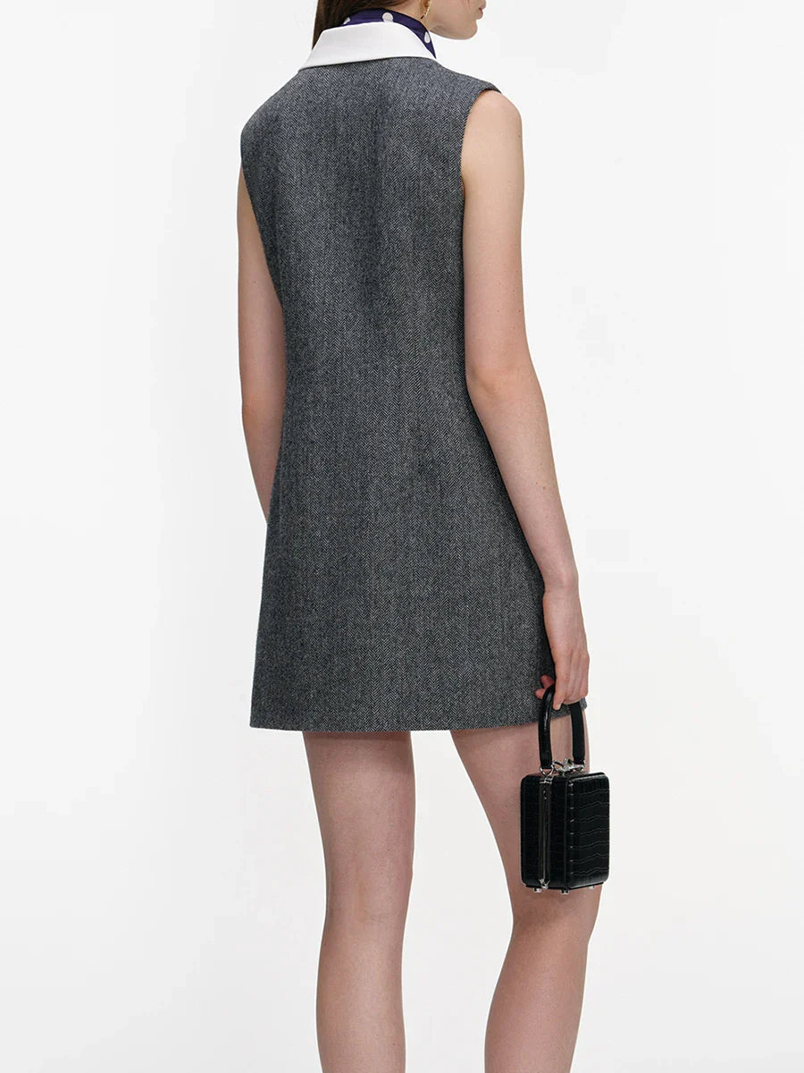 Sleeveless Round Neck Double-Breasted Grey Mini Dress