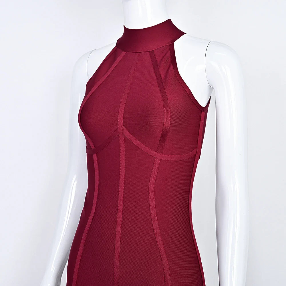 Sleeveless Wine Red Turtleneck Bandage Midi Dress | Sculpted Fit