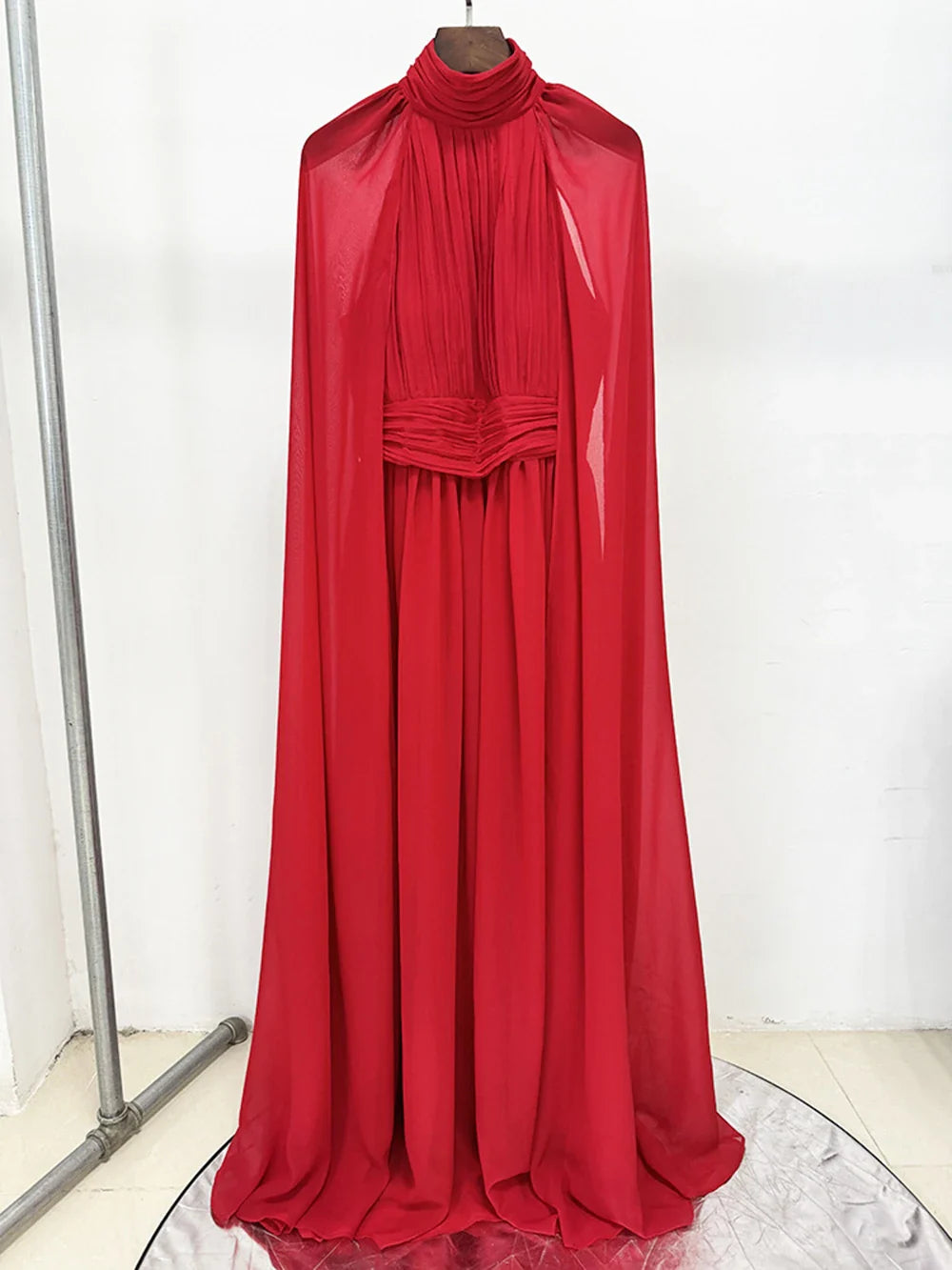 Elegant Turtleneck Sheath Maxi Dress with Cloak Sleeves and Draped Detail