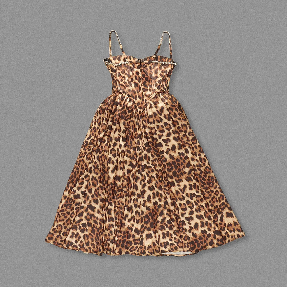 Leopard Crystal Embellished Midi Dress | Summer Vintage Glam