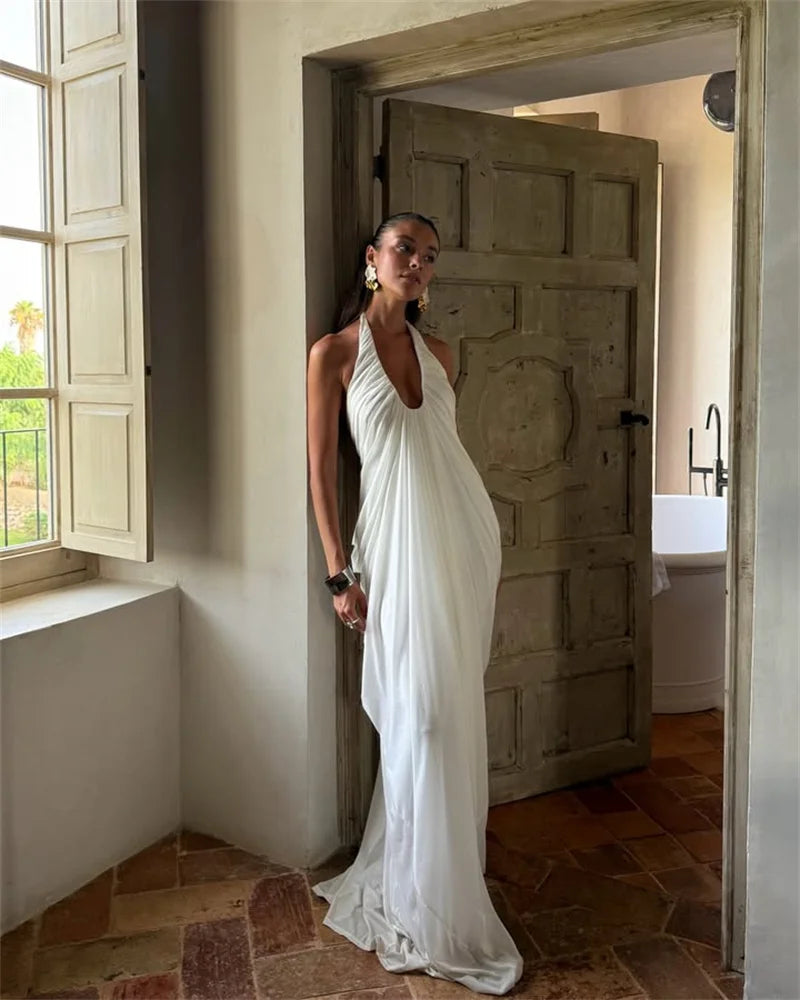 White Halter Drape Maxi Dress