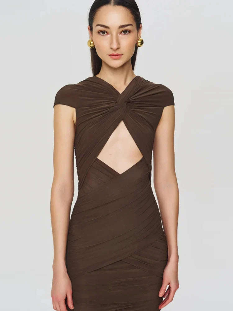 Brown Off Shoulder Hollow Out Evening Dress | V Neck Slim Party Gown