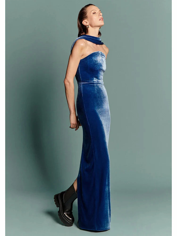 Blue Velvet Strapless Pleated Dress | Backless Bodycon Gown