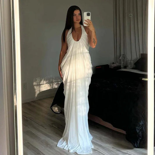 White Halter Drape Maxi Dress