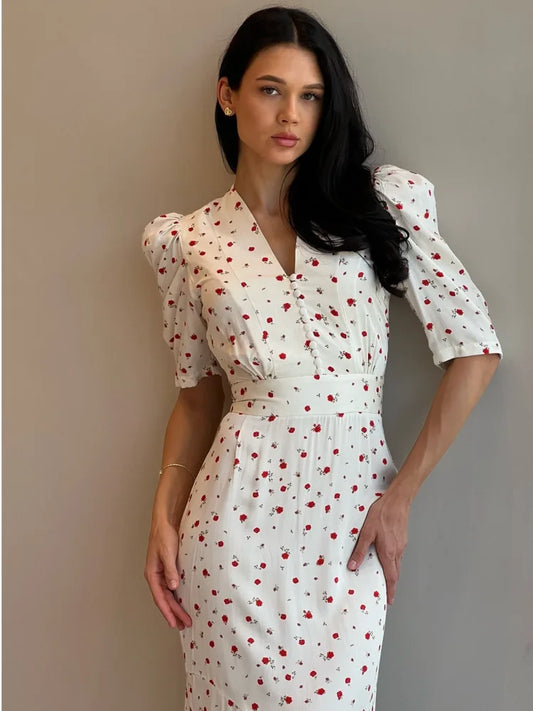 Half-Sleeve Polka Dot Midi Dress