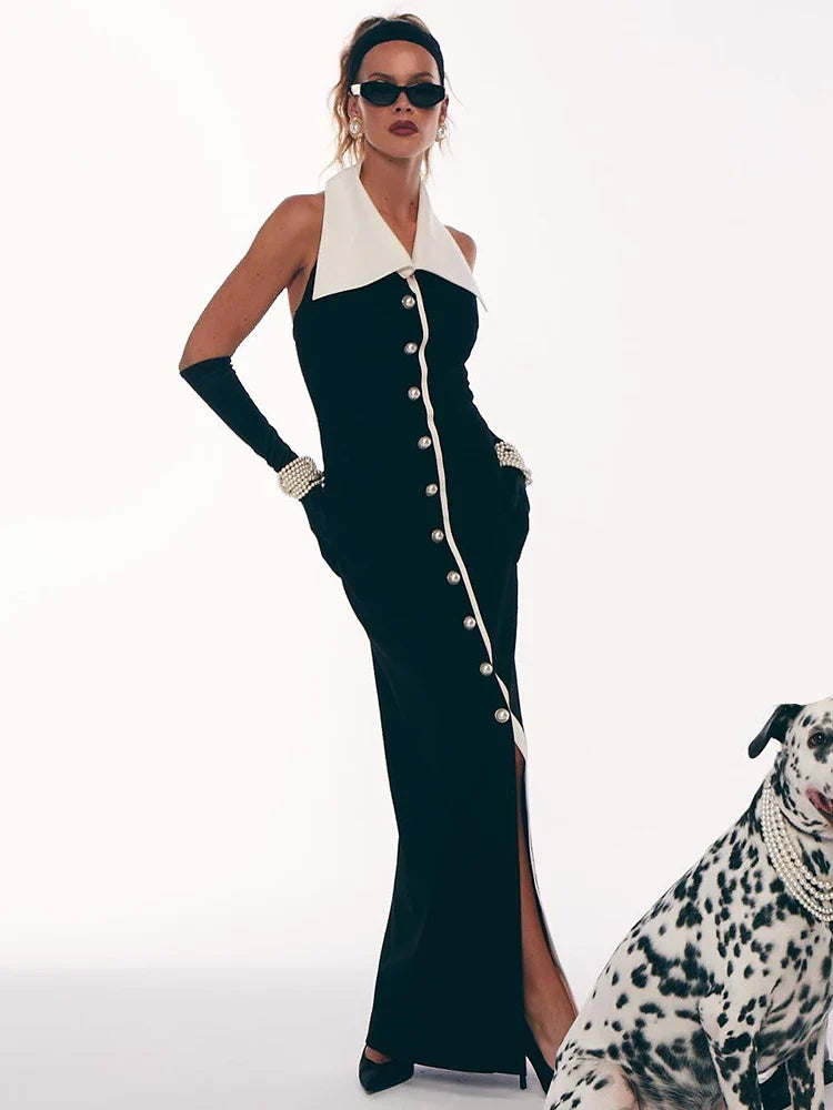 Contrast Collar Pearl-Button Column Evening Dress