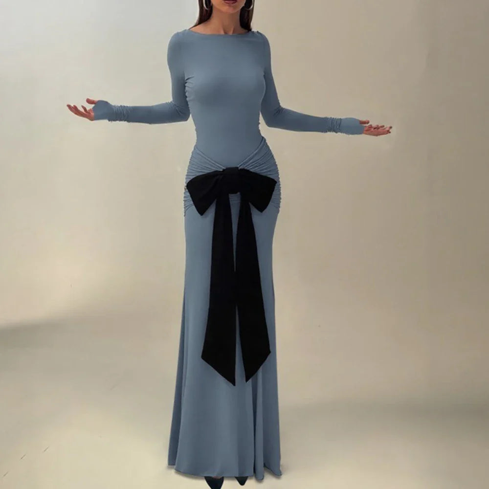 Grey Full Sleeve Bandage Gown | Elegant Slim Fit Autumn Edit