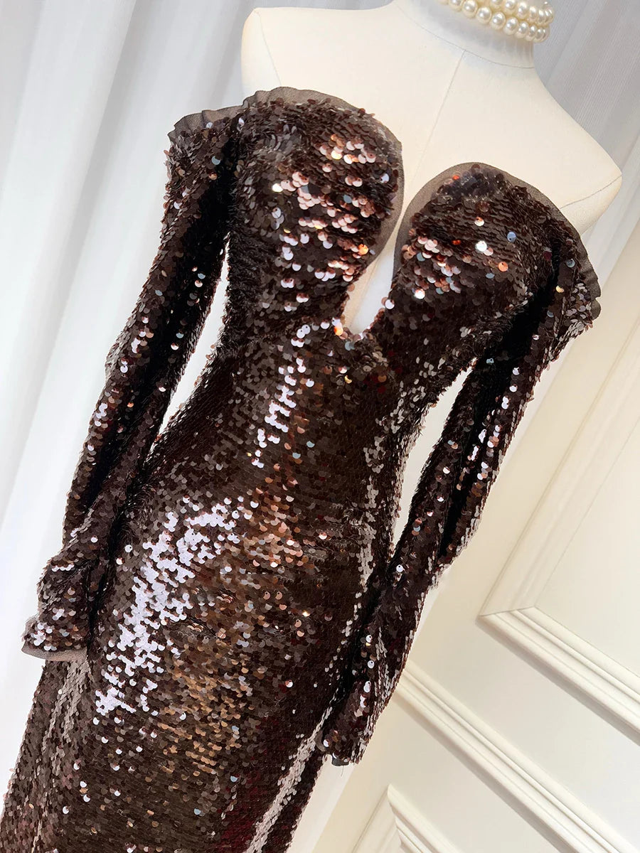 Brown Sequin Slash-Neck Sleeveless Maxi Dress