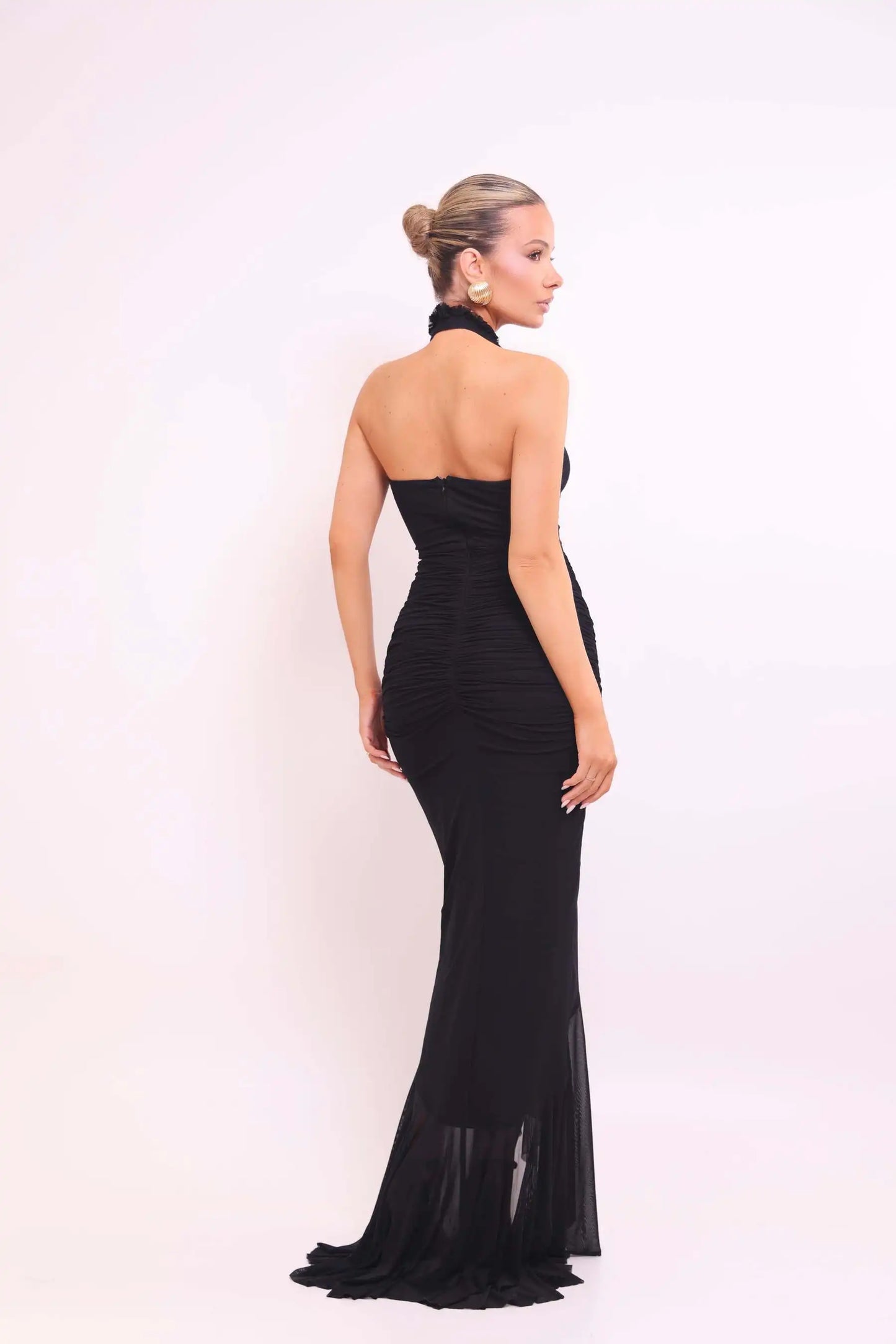 Frill Trim Ruffle Hem Halter Maxi Dress