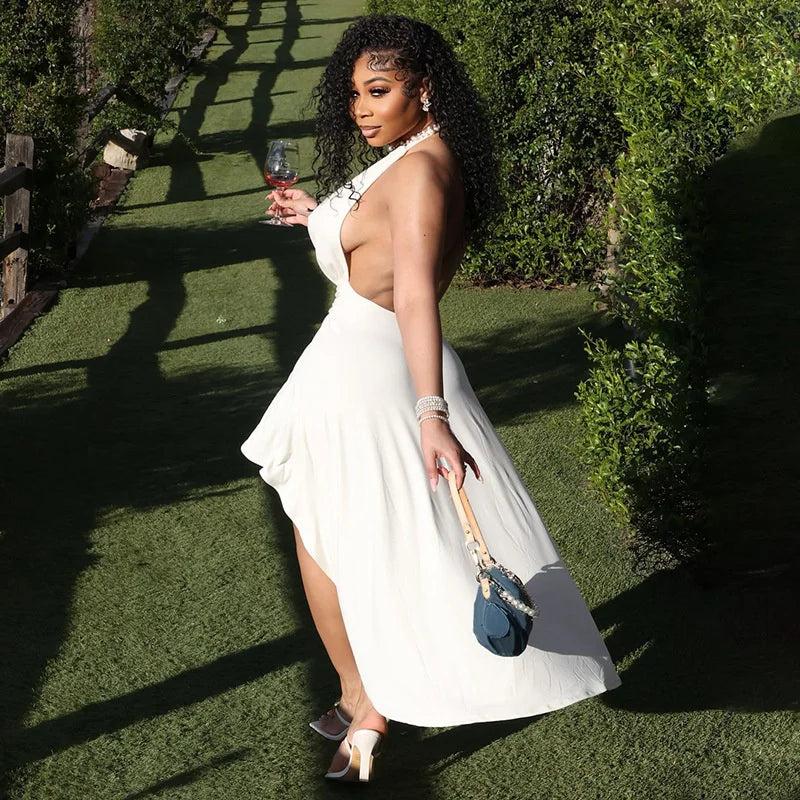 Deep V-neck Metal Buckle Open Back Midi Dress