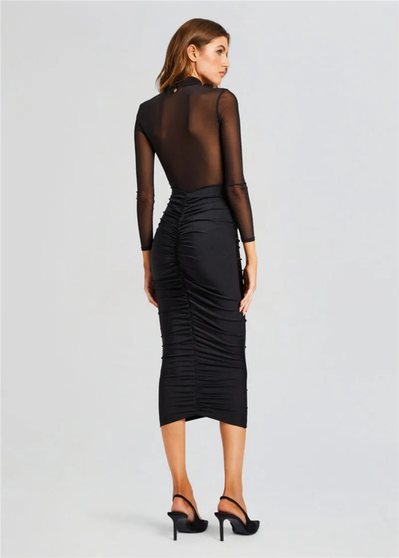 Black Sheer Long Sleeve Ruched Maxi Dress