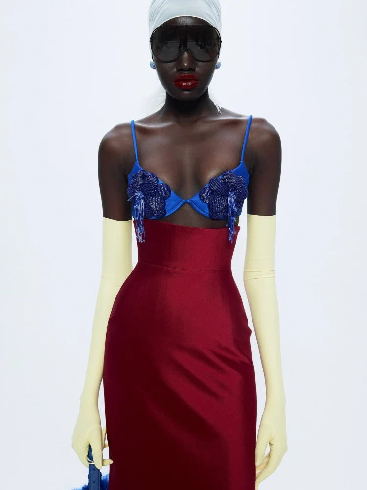 Blue & Red Appliqué Sheath Dress | Runway-Inspired Party Look