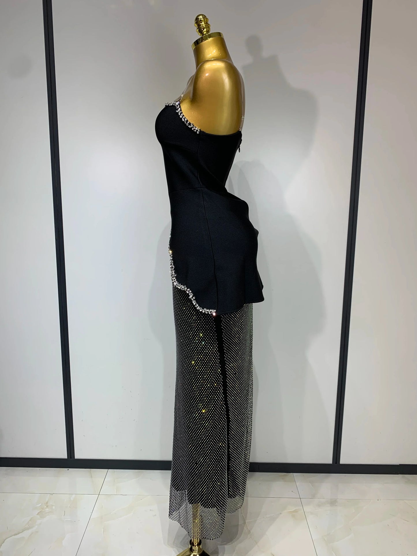 Black Rhinestone Corset Top & Sequin Skirt Set