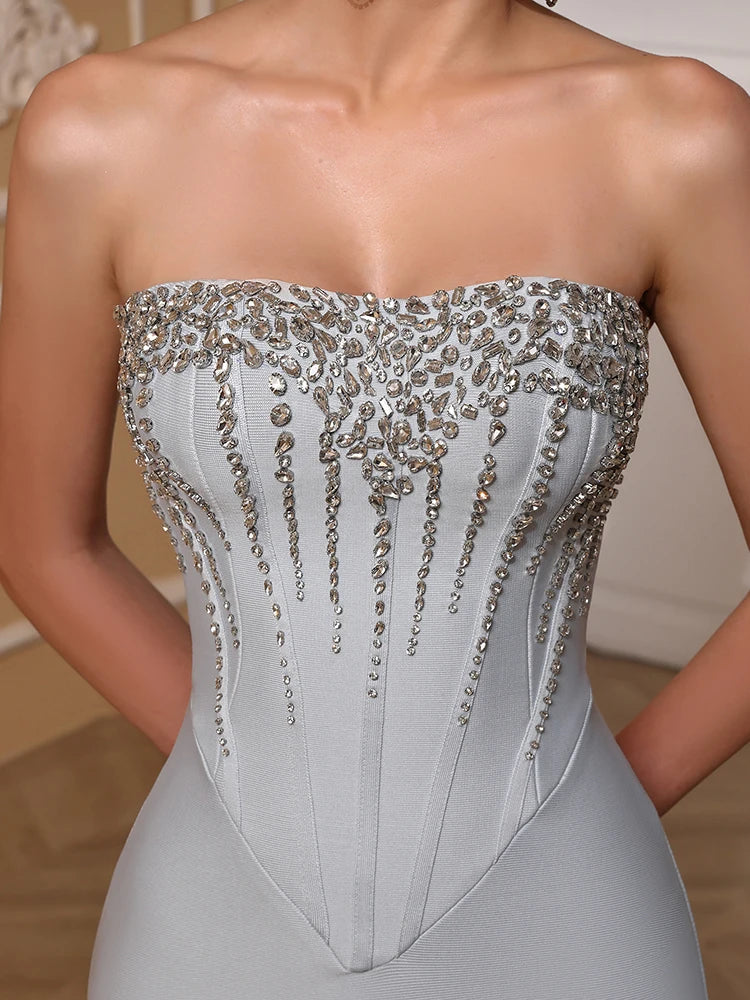 Elegant Strapless Diamond-Embellished Sheath Maxi Dress