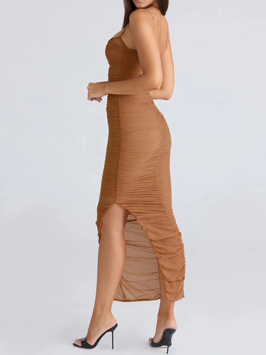 Ruched Mesh Strap Bodycon Midi Dress