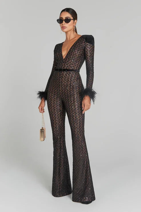Black Sequin Feather Bodycon Jumpsuit with Belt