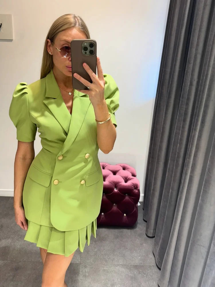 Green Blazer Skirt Set | Pleated Vintage Co-Ord for Smart Styling