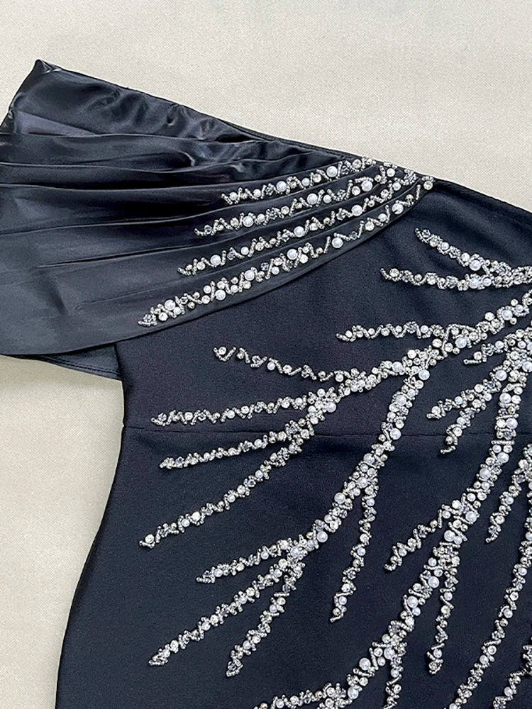 One-Shoulder Beaded Black Dress | Bodycon Cocktail Gown