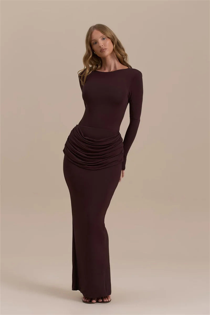 Long Ruched Grey Gown | Sleek Stretch Floor-Length Dress