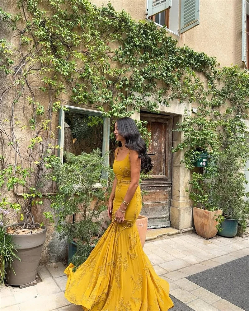 Mustard Beaded Spaghetti Strap Backless Maxi Dress – Elegant